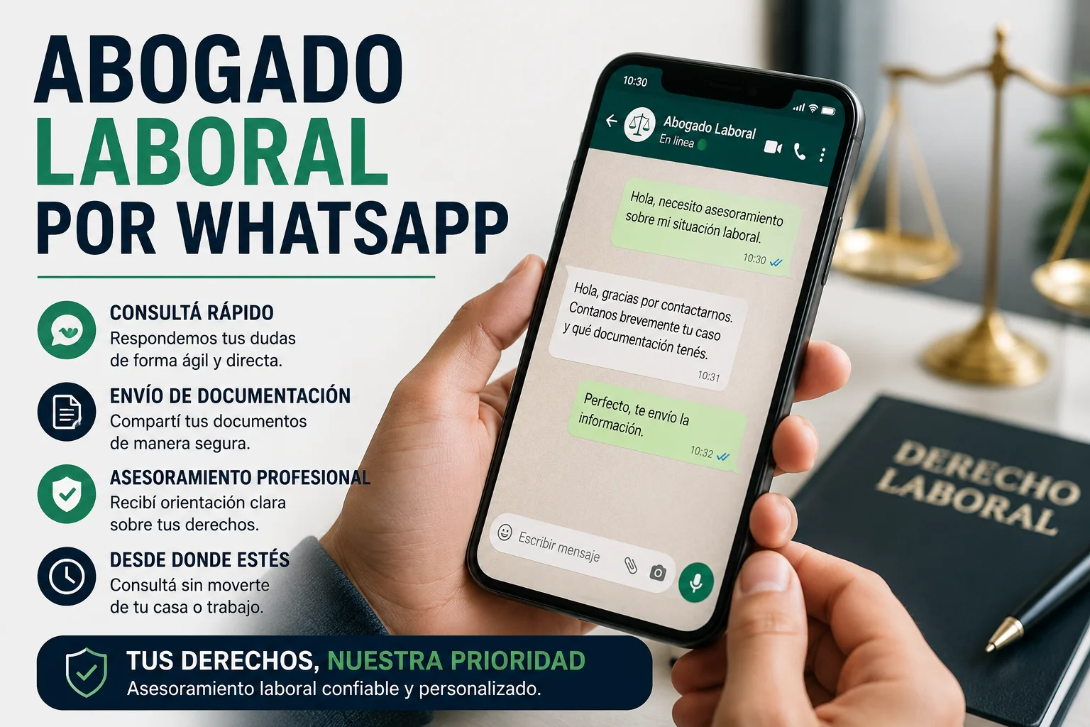 Consulta con abogado laboral por WhatsApp desde celular para resolver despidos, telegramas y conflictos laborales en Argentina.